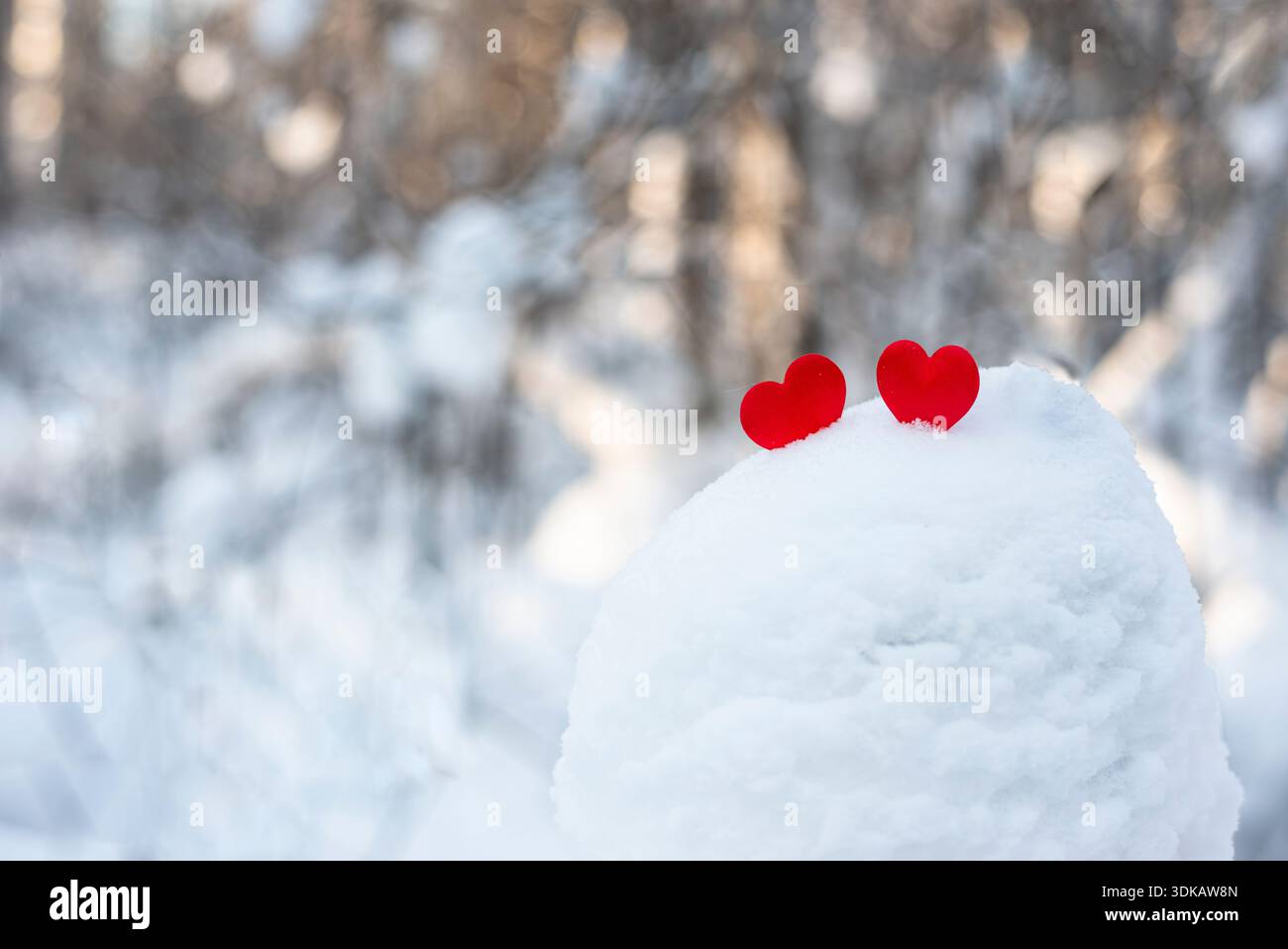 Zwei rote Herzen auf schneebedecktem Hintergrund im Wald. Stockfoto