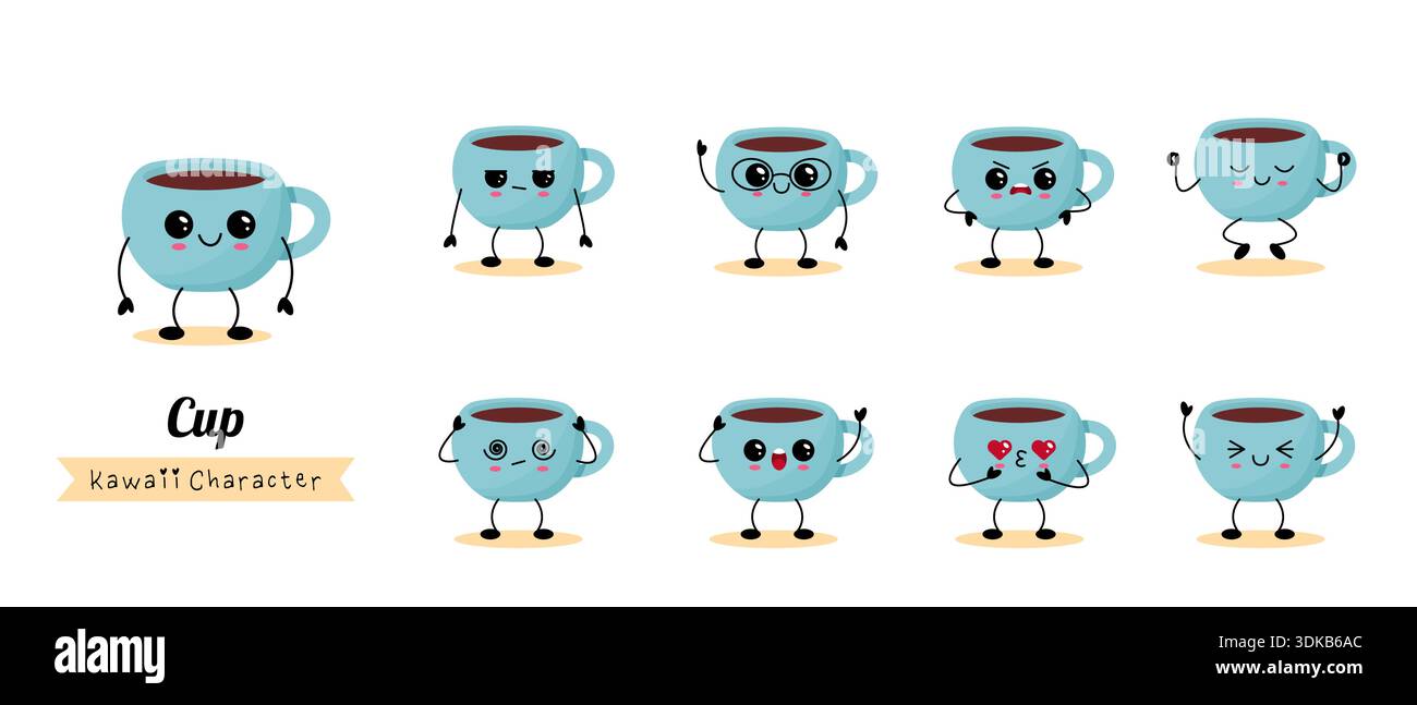 Set aus niedlichen Kawaii-Kaffeetassen-Charakteren mit verschiedenen Emotionen isoliert auf weißem Hintergrund. Flache Vektor-Illustration für Aufkleber Café Branding. Stock Vektor