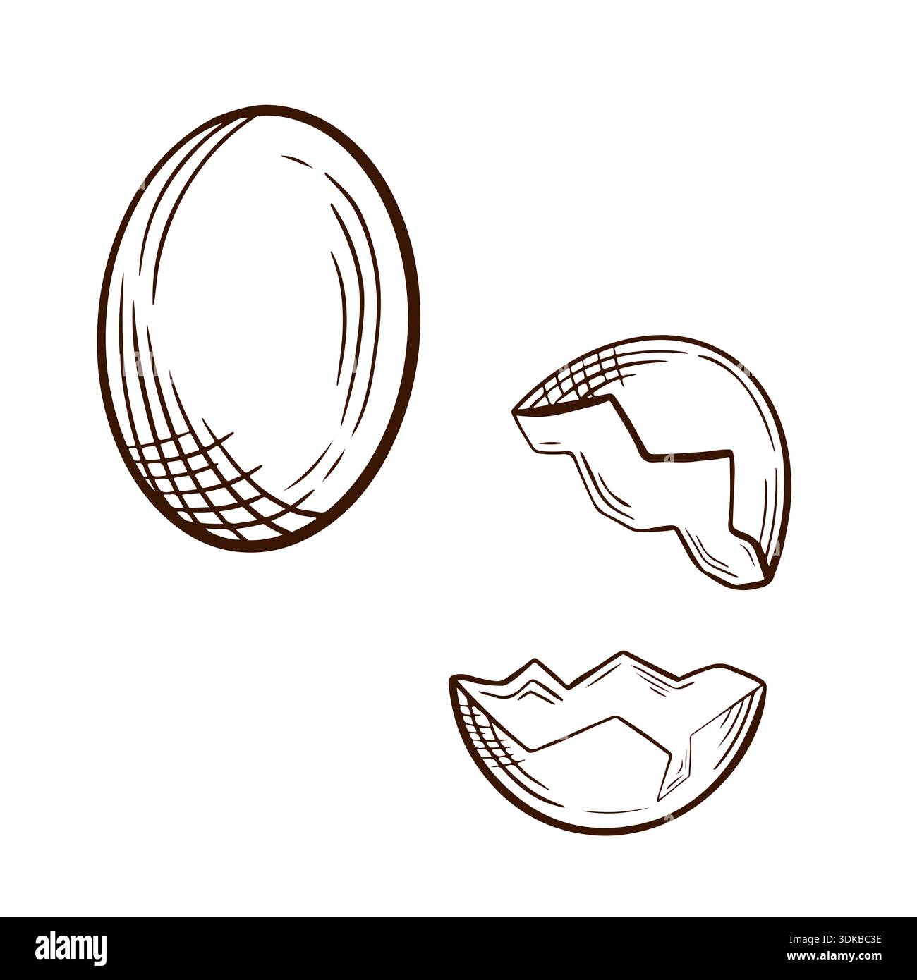 Handgezeichnete Skizze Illustration eines ganzen Eies und einer zerrissenen Eierschale isoliert auf weißem Hintergrund, Vektorgrafik, schwarzer Linie und minimalistischem Stil Stockfoto