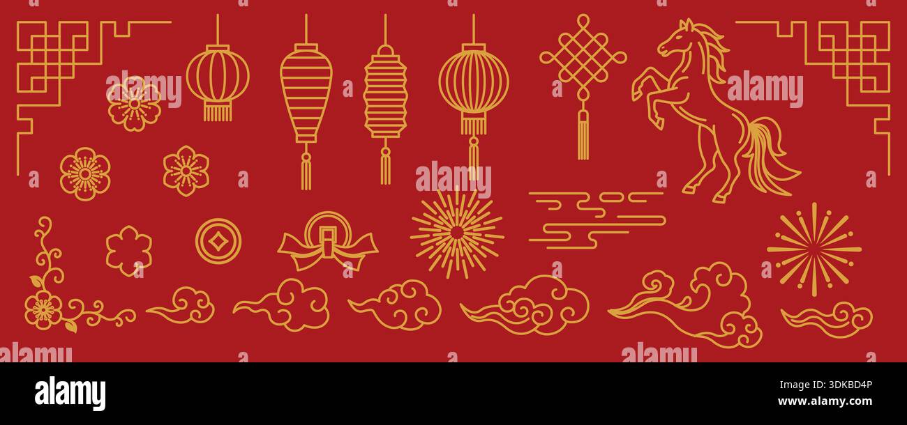 Chinesische Neujahrsgoldenlinie Kunstelemente auf rotem Hintergrund. Set von Ikonen mit Laternen, Pferd, Wolke, Blume, Pflaumenblüte, Feuerwerk, Knoten, Münze und Stock Vektor