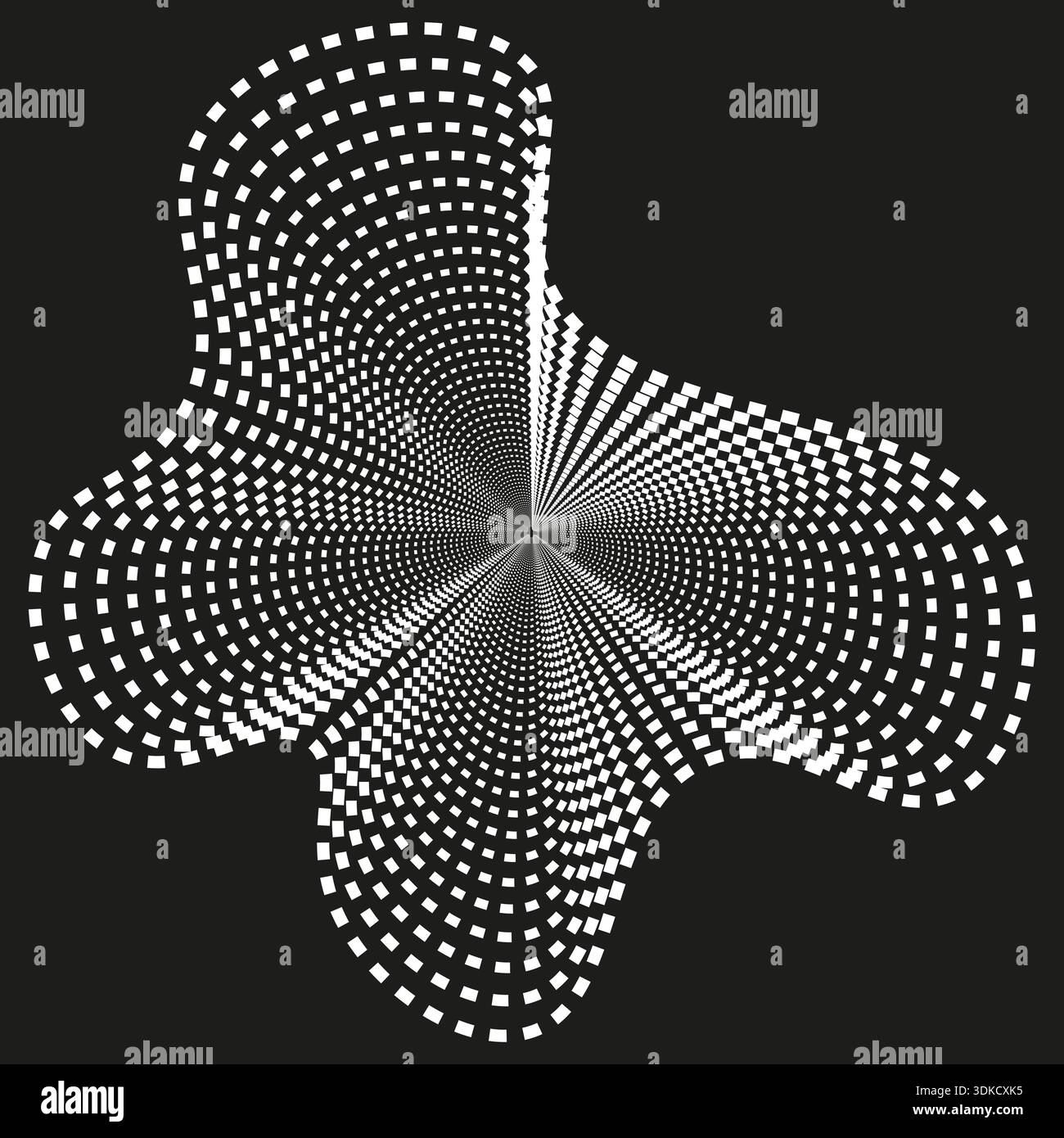 Abstrakte Halbtonblütenform. Weißes gepunktetes radiales Muster auf schwarzem Hintergrund. Geometrischer Spiralwirbel. Optische Illusionsgrafik. EPS 10. Stock Vektor
