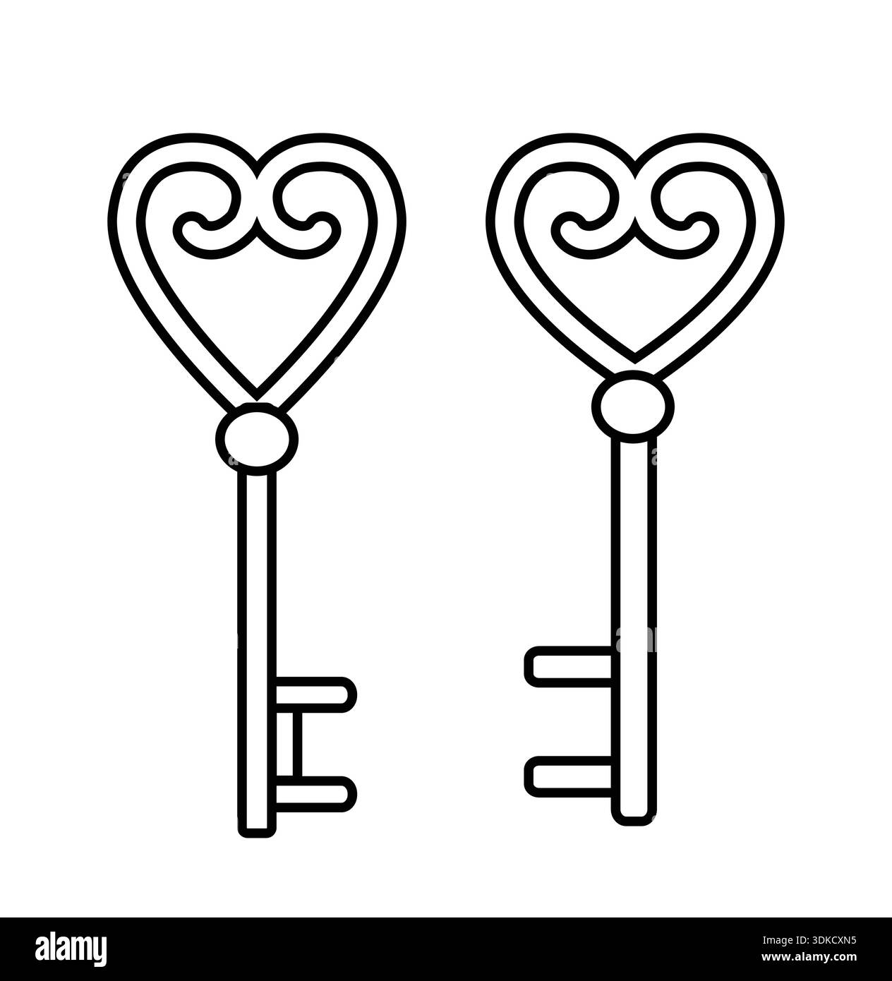 Valentinstag Schlüsselkontur in Herzform. Liebe Key Ausmalseiten und Vorlagen Clipart. Weißer Hintergrund. Stock Vektor