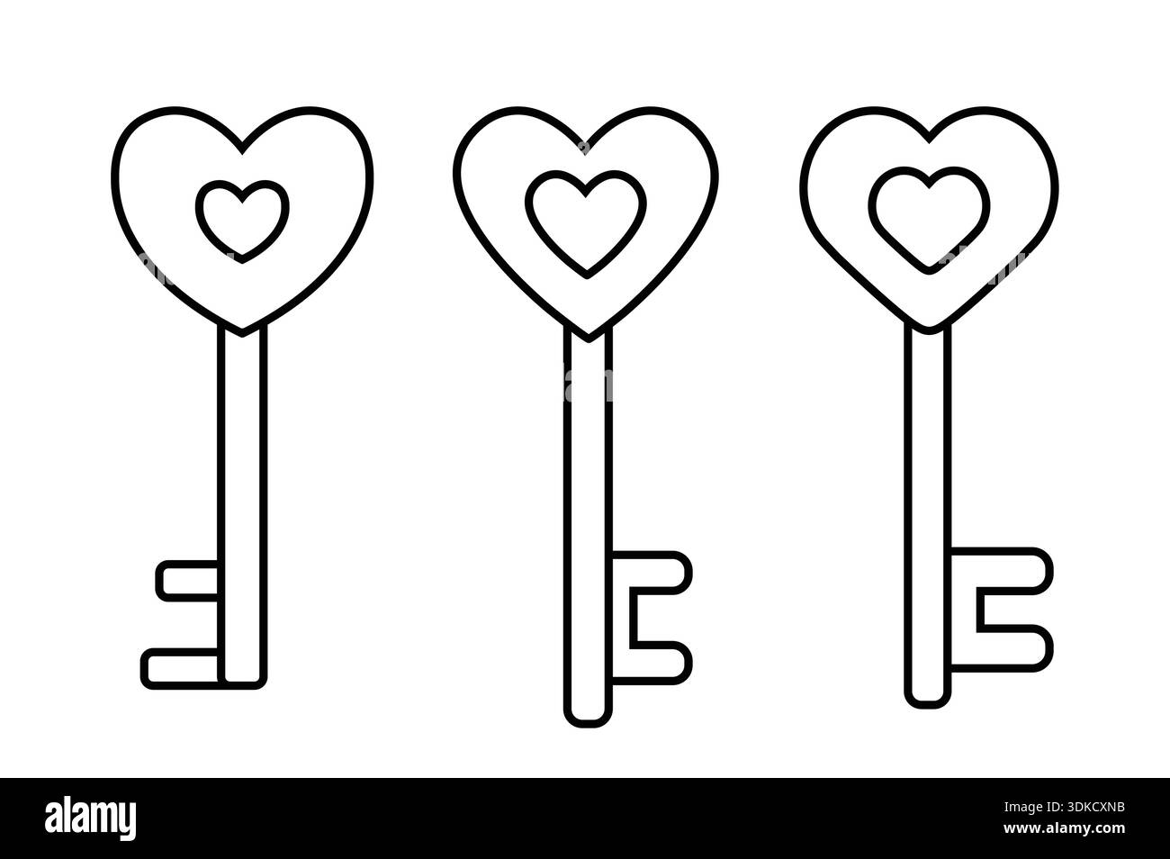 Valentinstag Schlüsselkontur in Herzform. Liebe Key Ausmalseiten und Vorlagen Clipart. Weißer Hintergrund. Stock Vektor