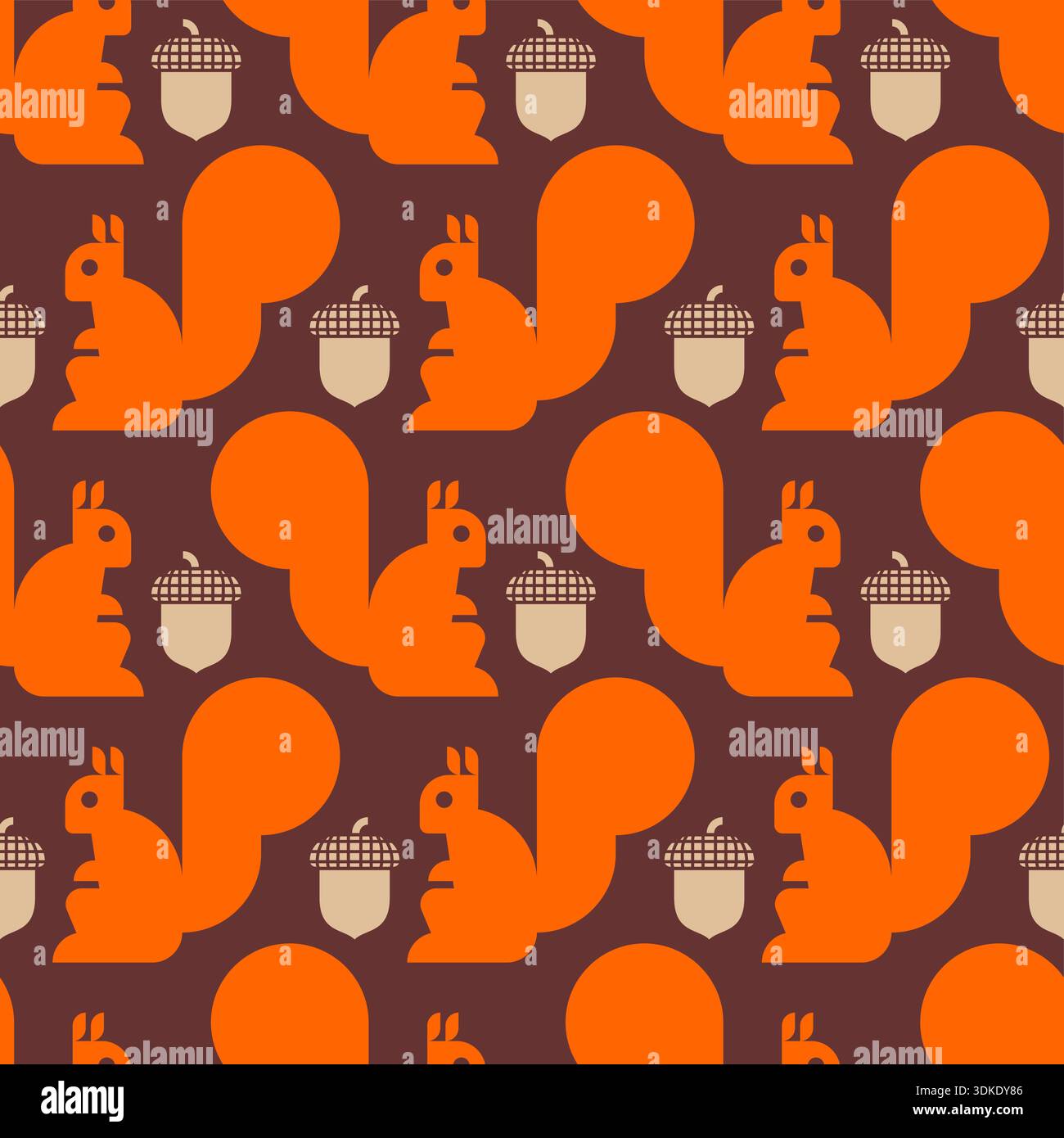 Muster mit orangefarbenen Eichhörnchen und Eicheln auf dunkelbraunem Hintergrund. Warme Herbstbaumschmuck für gemütliche Textildrucke, saisonale Tapeten, an Stock Vektor