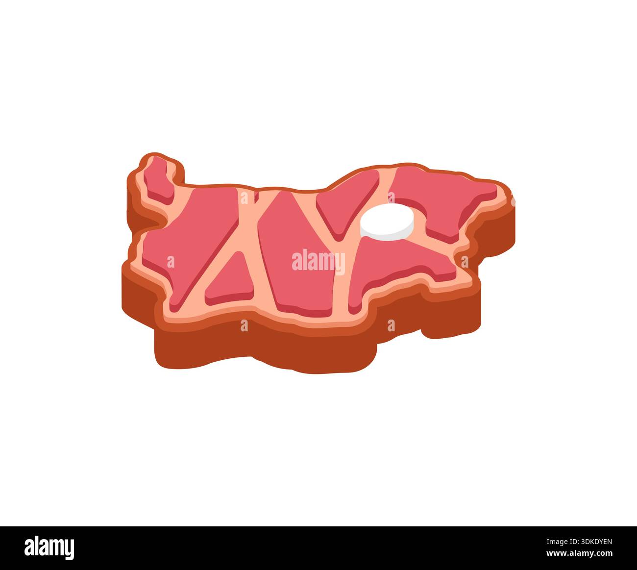 Rindersteak in Form der geografischen Karte Bulgariens. Kreatives Lebensmittelkonzept für die bulgarische Landesküche, die Balkanfleischproduktion und die Landwirtschaft Stock Vektor