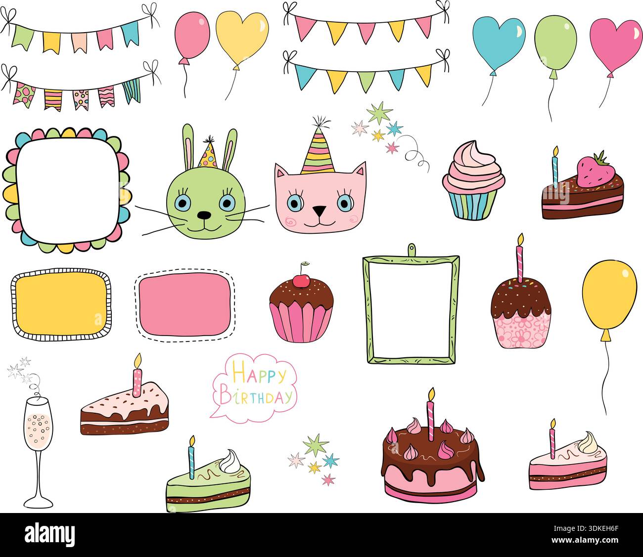 Niedliche handgezeichnete Doodle-Elemente für Geburtstags- und Partymotive mit Ballons, Kuchen und Bündeln in hellen Farben Stock Vektor