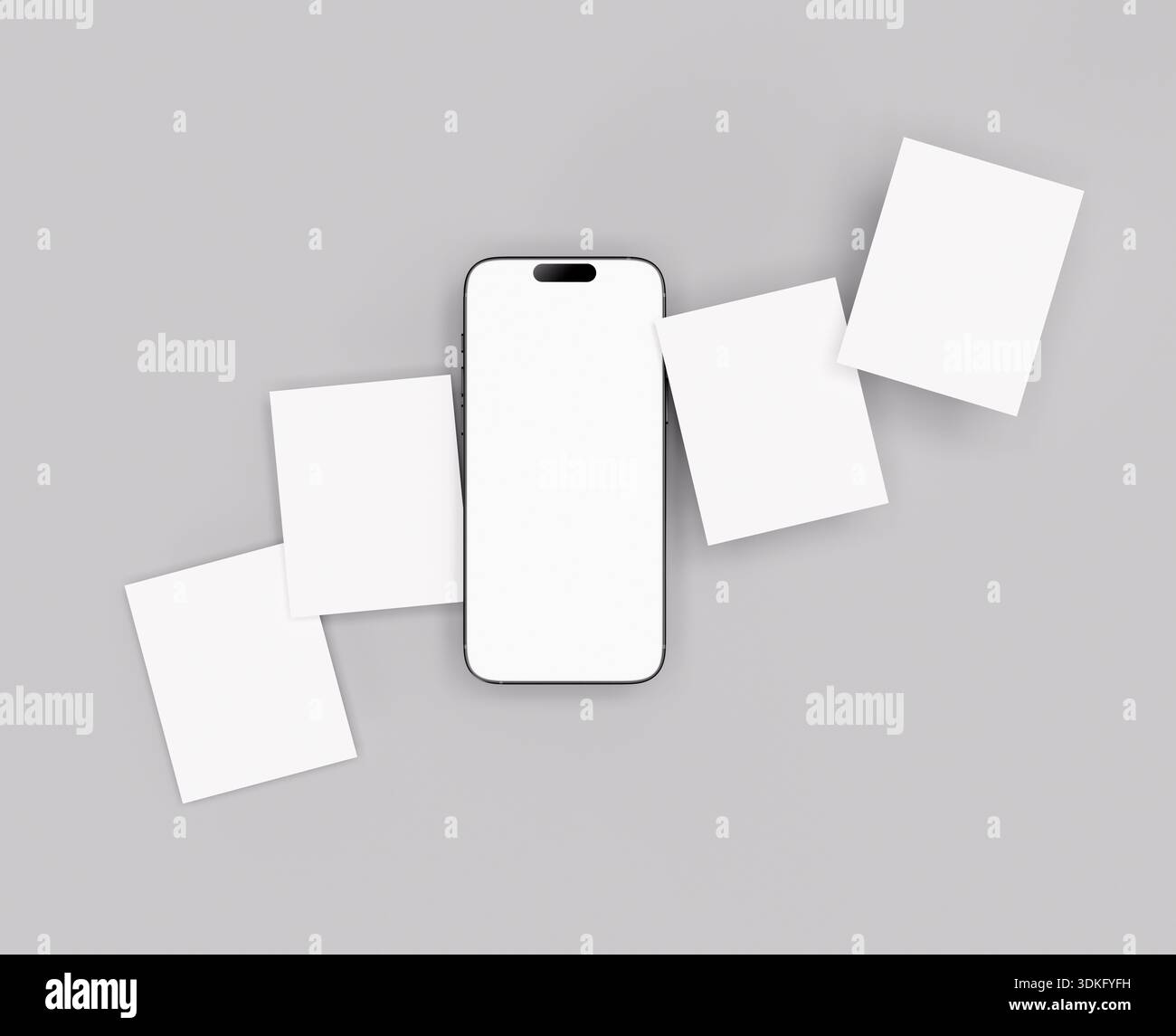 Social Media Post Mockup. Draufsicht eines Mobiltelefons mit App-Seitendesign für Benutzer-Karussell nach dem Feed. Stockfoto