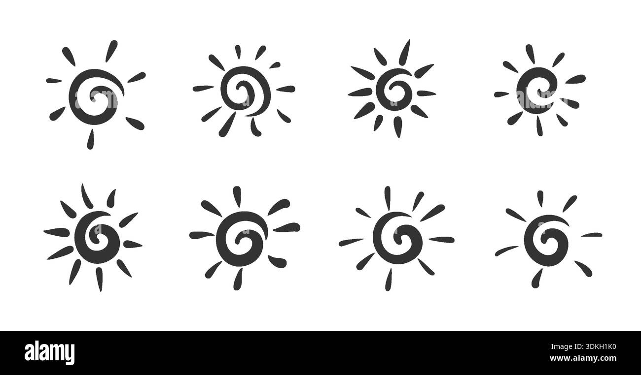 Handgezeichnete Sonnensymbole mit Spiralformen. Minimale schwarze Tinte Sketch Sonnensymbole in verschiedenen Stilen für Collage, Aufkleber, Kinderdesign, Branding und Dekorative Elemente. Vektorabbildung. Stock Vektor