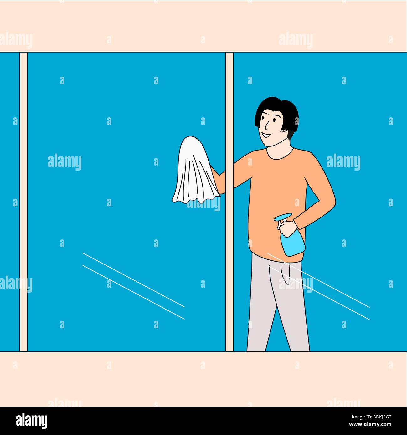 Der Mann putzt ein Fenster mit einem Abzieher und einer Sprühflasche. Konzept von Sauberkeit und Ordnung, da der Mann sich um seinen Wohnraum kümmert Stock Vektor