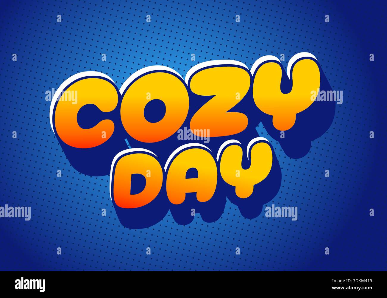 Ein lebendiges Grafikdesign mit den Worten Cozy Day in kräftigen, abgerundeten Buchstaben mit einem Farbverlauf von Orange zu Gelb auf einem blau gepunkteten Hintergrund Stock Vektor