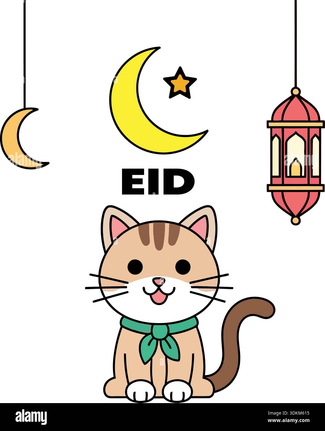 Niedliche Kawaii Katze trägt muslimische Gebetskappe für Eid Mubarak Gruß und islamische festliche Illustration Stock Vektor