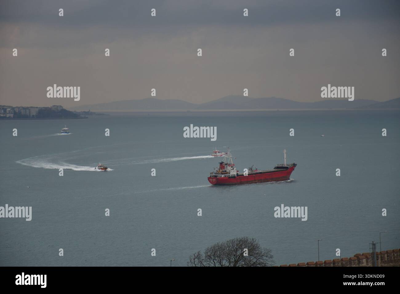 Rotes Frachtschiff fährt über offenes Wasser in der Nähe von Istanbul, Türkei Stockfoto