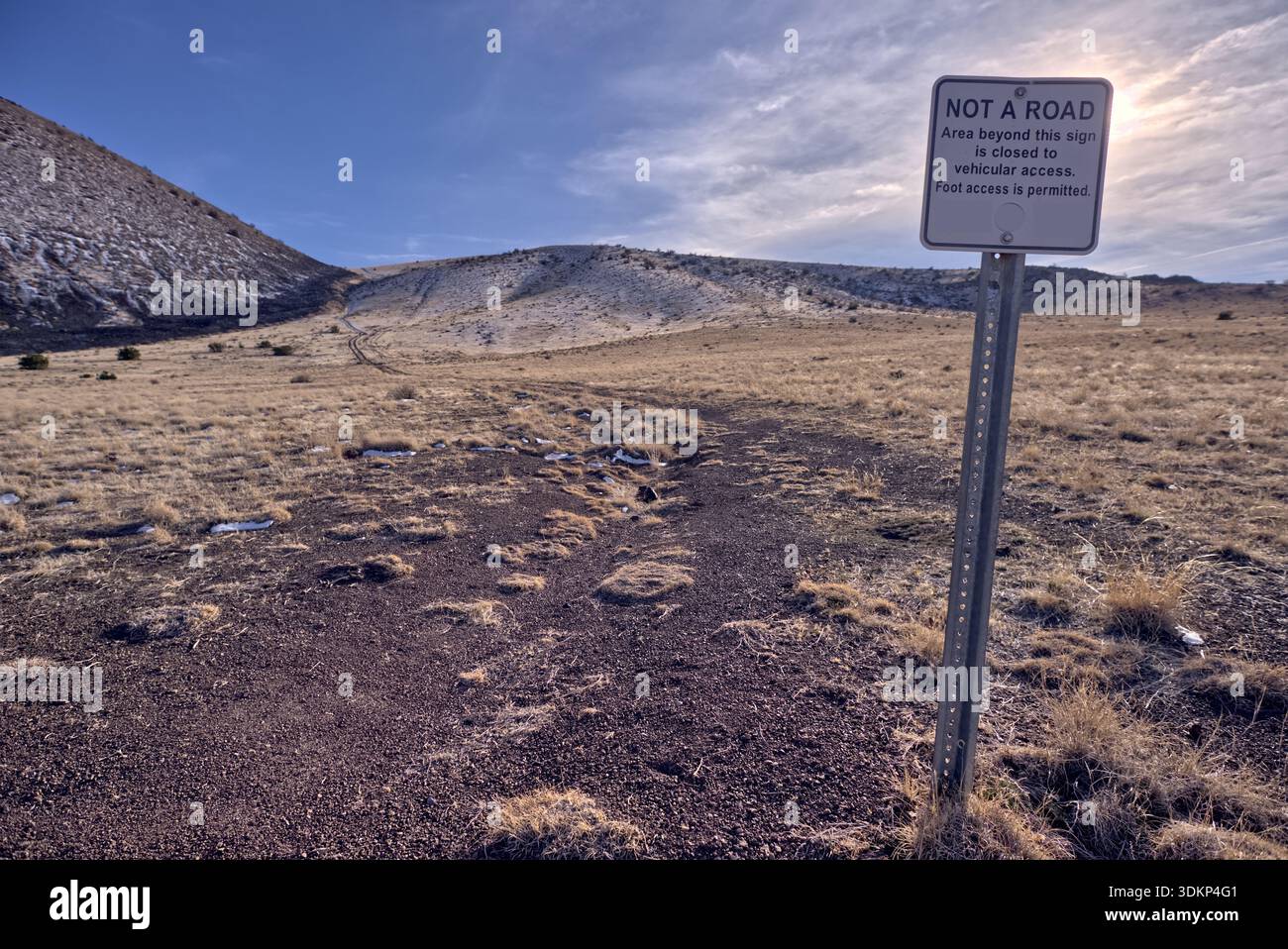Schild am Nordhang des SP Crater, das darauf hinweist, dass dieser Pfad keine Straße ist. Nördlich von Flagstaff Arizona. Stockfoto