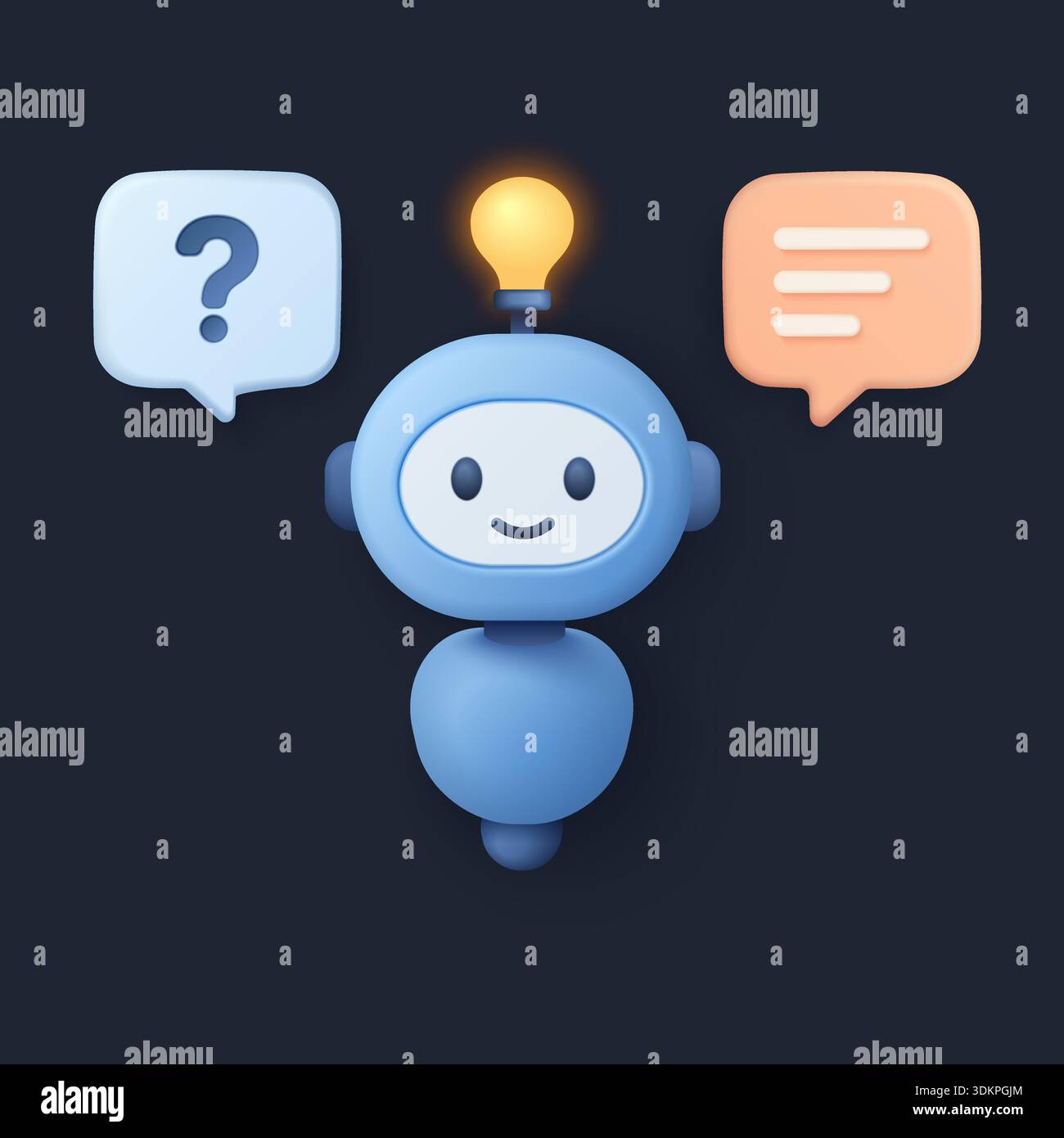 Niedlicher blauer Chatbot-Charakter mit glühender Glühbirne, Frage-Antwort-Sprechblasen, die KI-Konversation und virtuelle Assistenten-Technologie-Vektor-Illustration darstellen Stock Vektor