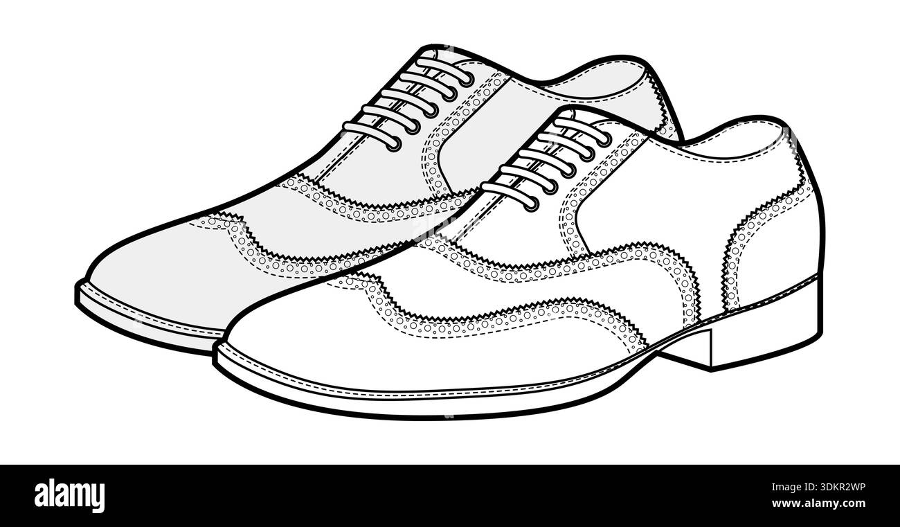 Lochstickchen Herren Schnürschuhe Skizzenpaar. Schuhe aus perforiertem Leder mit klassischem Flügelspitzendetail, eleganter, legerer Bürostil. Technische Illustration CAD-Modell Skizzenvektorkontur isoliert auf weiß Stock Vektor