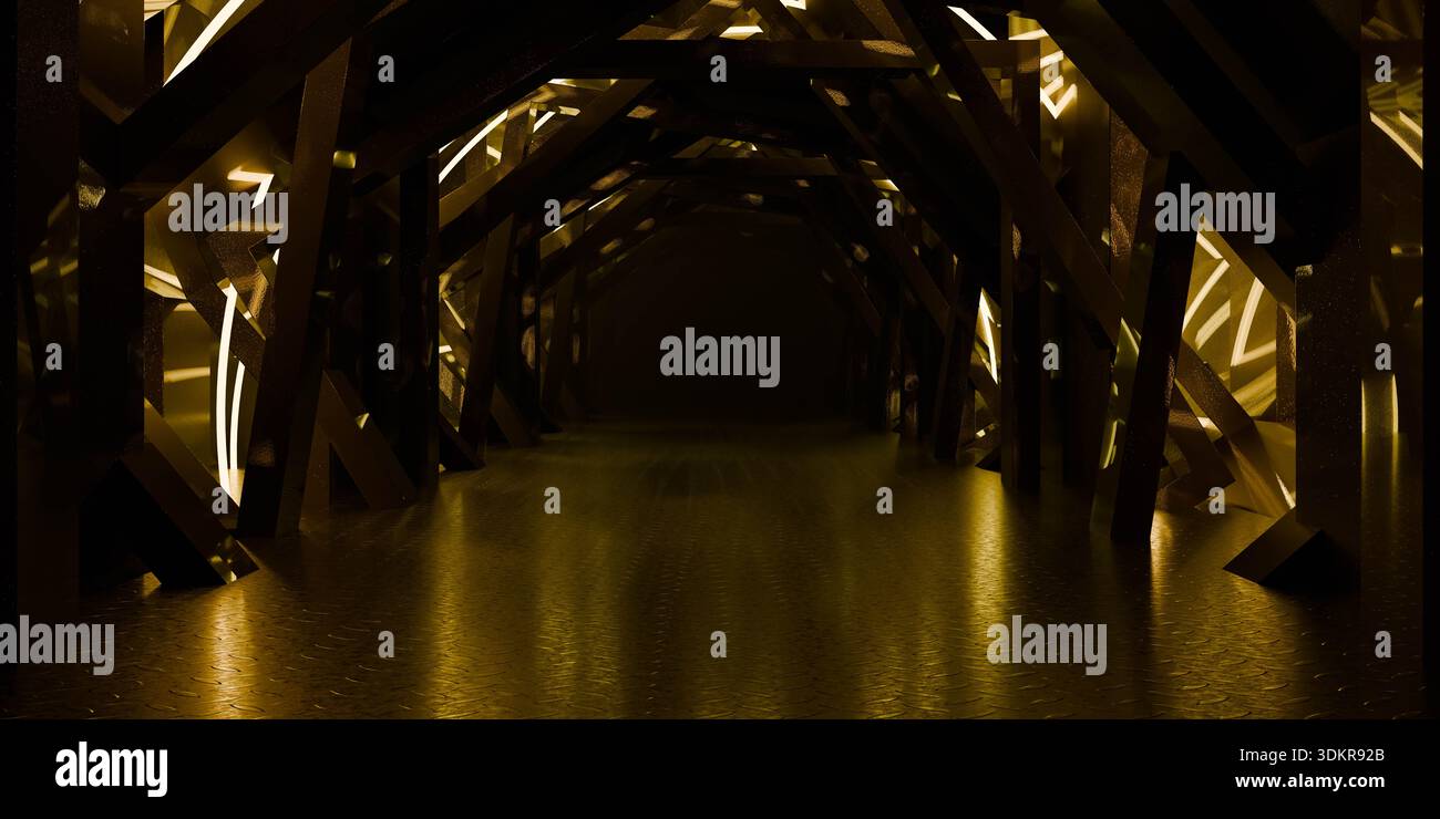 Golden Geometric Tunnel 3D-Rendering Stockfoto