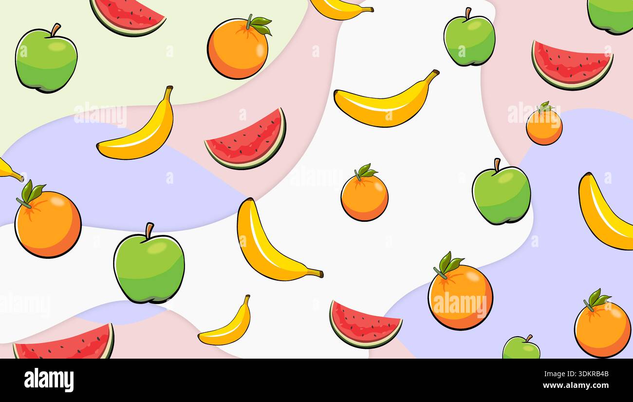 Hintergrund mit farbenfrohem Fruchtmuster mit Apfel, Banane, Orange und Wassermelone. Niedliche Karikaturvektorillustration von frischen Sommerfrüchten Stock Vektor