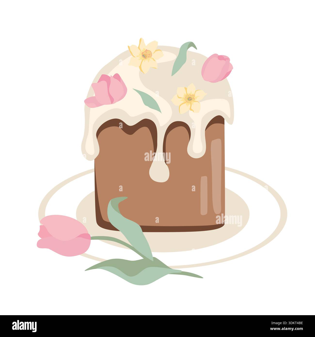 Illustration eines dekorativen Kuchens mit Zuckerglasetropfen und verschiedenen Blumendekorationen auf der Oberseite, mit rosa und gelben Blumen und grünen Blättern, aufgesetzt Stock Vektor