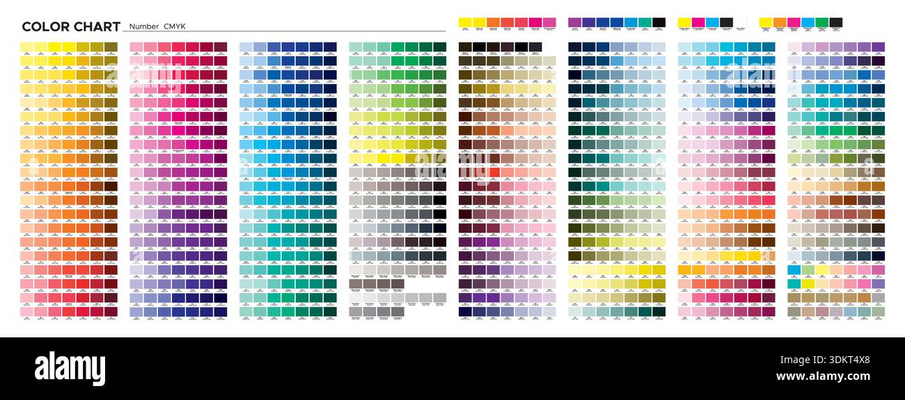 Farbdiagramm. CMYK-Farben auf beschichtetem Papier. Testseite drucken. Farbabgleich in der Druckvorstufe, Auswahl von Mustern, Qualitätskontrollfarben für den Druck. Vektor Stock Vektor
