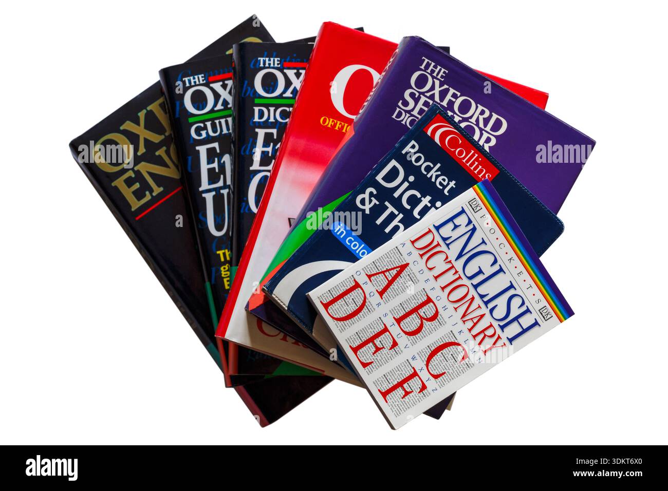 Auswahl an Wörterbuchsprachen mit DK Pockets English Dictionary A-Z Buch oben isoliert auf weißem Hintergrund Stockfoto
