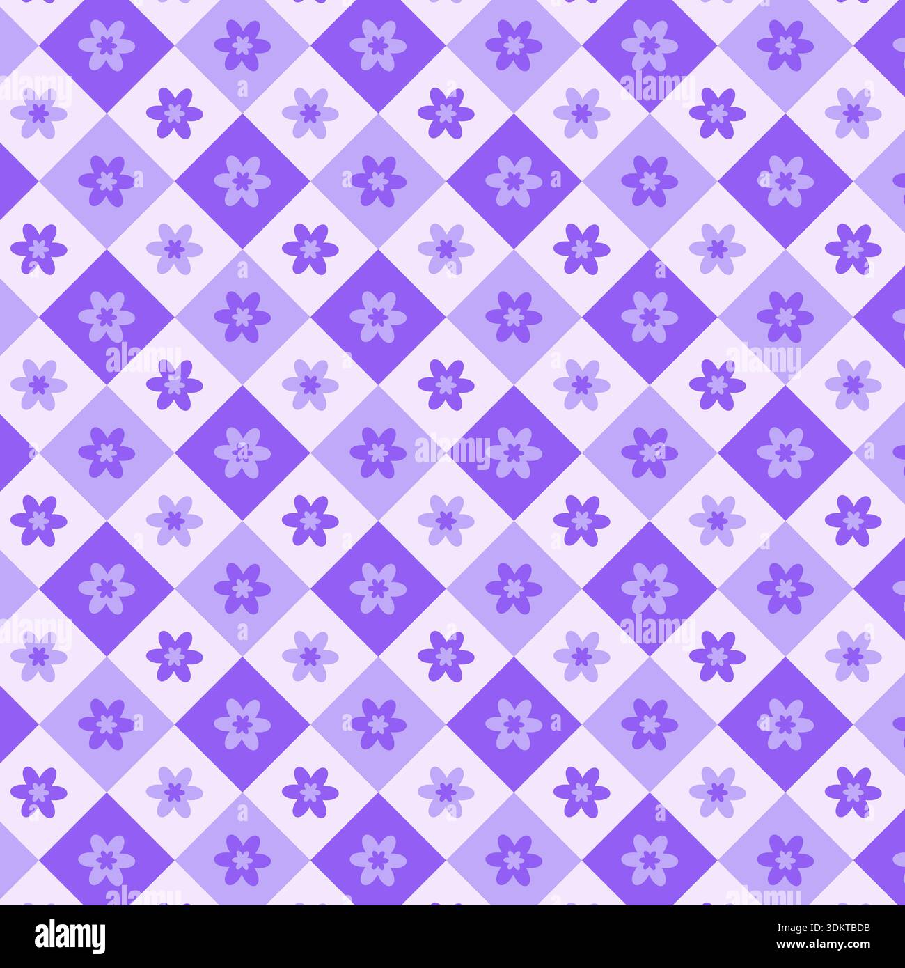 Nahtloses geometrisches Muster mit stilisierten Blüten in lila Tönen, die in einem Diamantgitter angeordnet sind. Stock Vektor