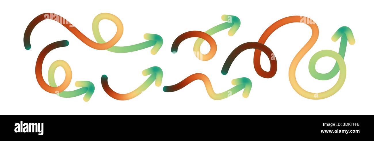 Verlaufspfeile mit fließenden Linien und abstrakten Kurven. Moderne Vektordesign-Elemente mit bunten Kritzelformen für dynamische Grafiken Stock Vektor