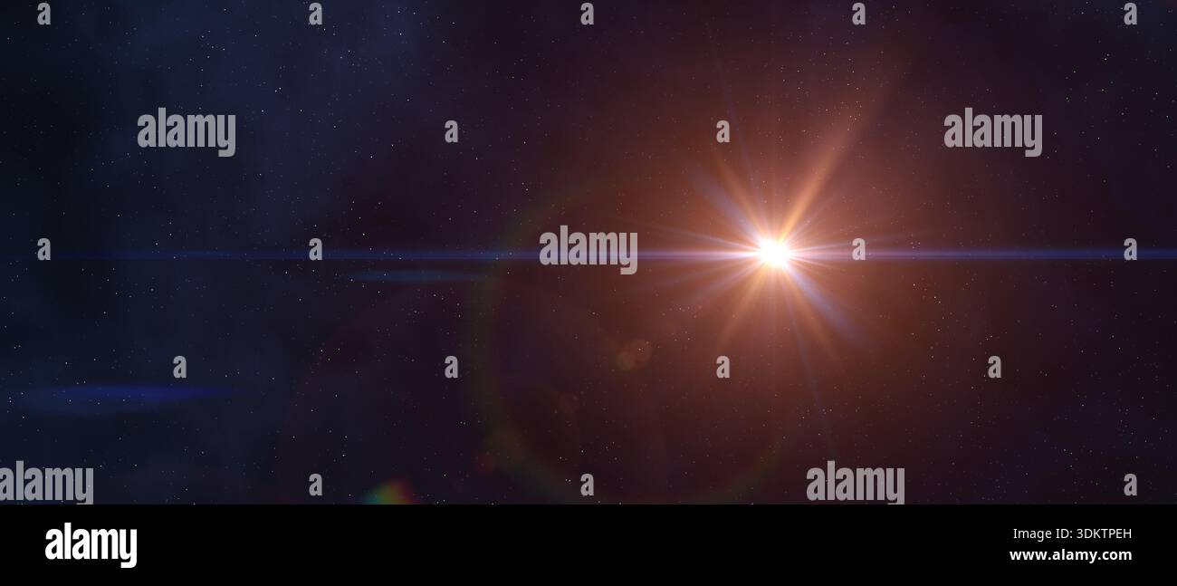 Sonne, Galaxie, Nebel und Sterne. Sonnenlicht-Effekte. Das Licht eines fernen unbekannten Sterns vor einem Hintergrund von Sternen und Nebeln. Stockfoto