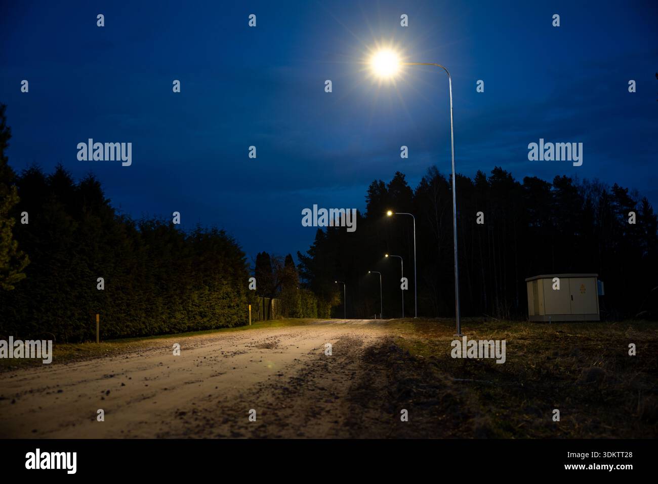 Eine schwach beleuchtete, unbefestigte Straße in der Abenddämmerung, beleuchtet von Straßenlaternen. Auf der einen Seite säumen hohe Bäume, auf der anderen eine Hecke, und eine kleine Versorgungsstruktur ist sichtbar. Stockfoto