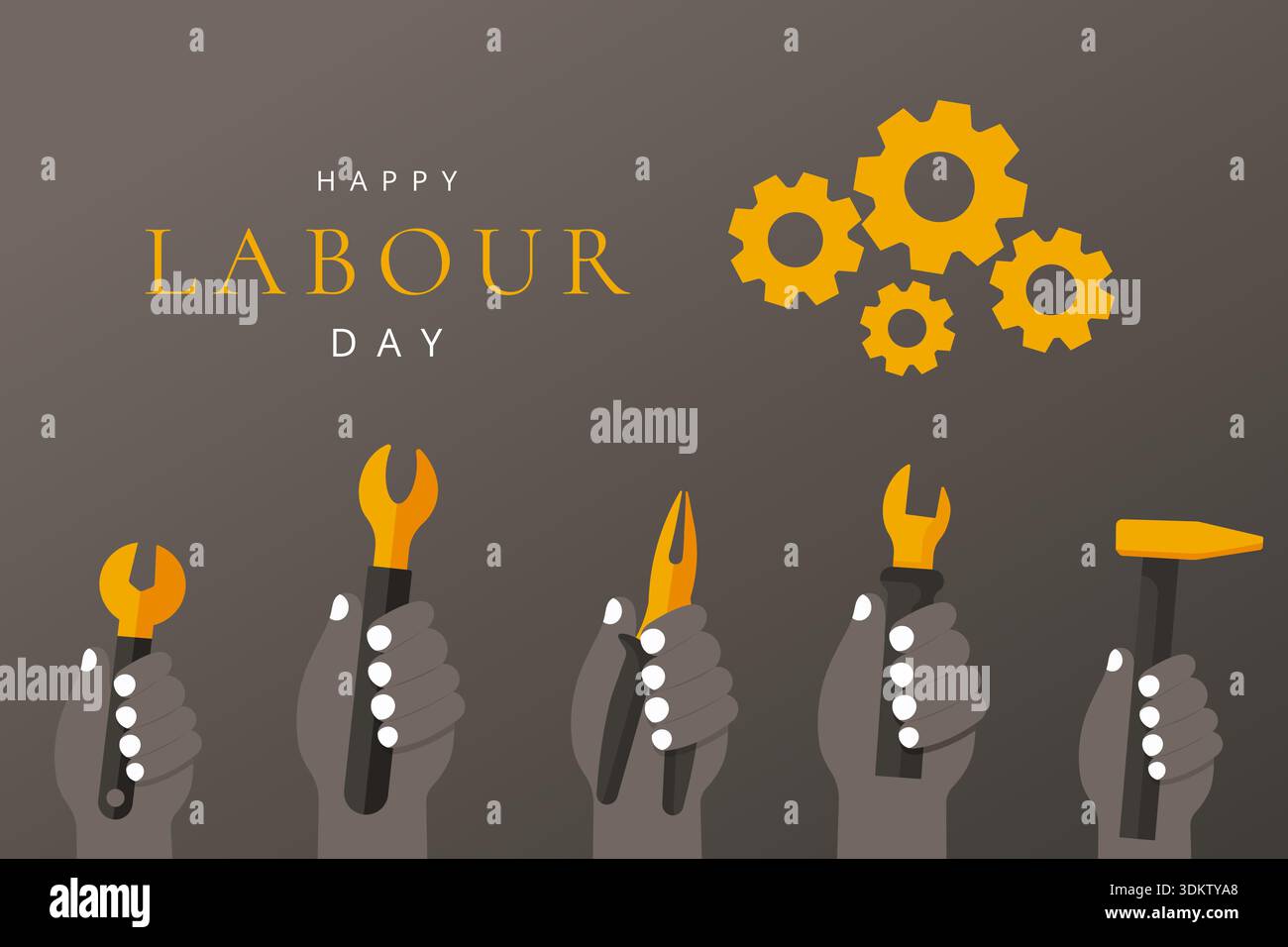 Happy Labour Day flache Illustration mit Arbeitern Händen und Werkzeugen. Stock Vektor