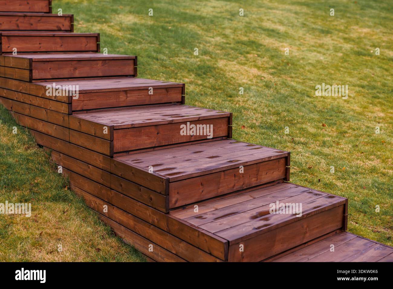 Polierte Holzstufen mit satten Brauntönen steigen durch leuchtendes grünes Gras und zeigen ein strukturiertes und funktionales Pfaddesign. Stockfoto