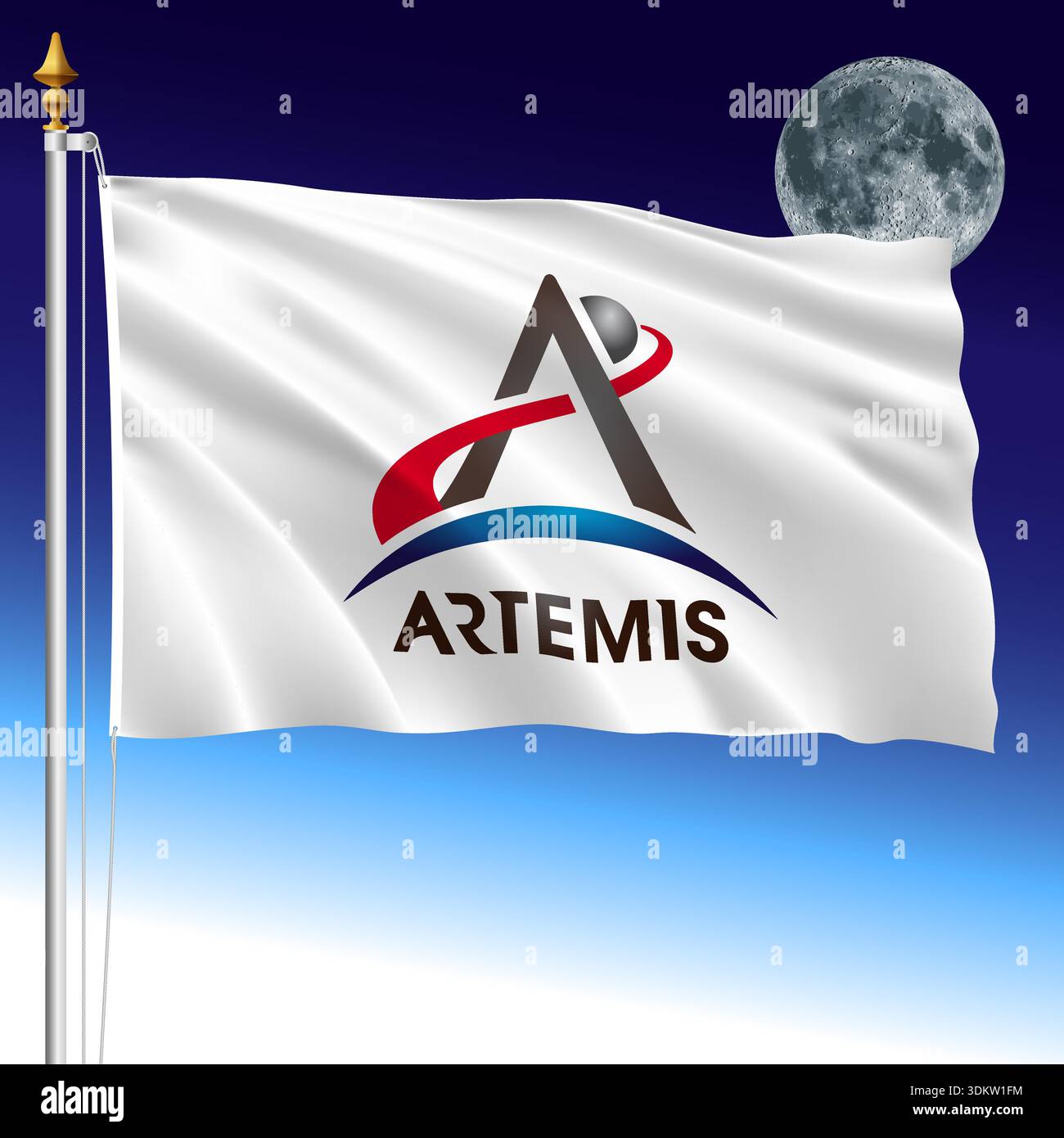 ARTEMIS Mission White Fahne auf dem Raum und Mond Hintergrund, USA, Vektor Illustration Stock Vektor