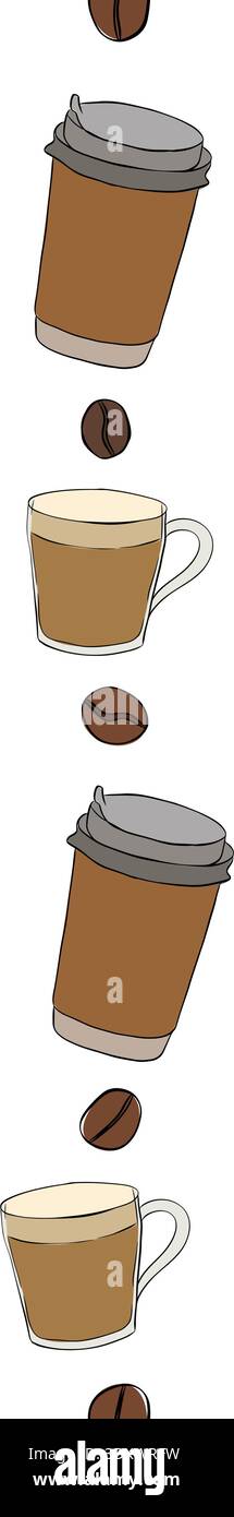 Kaffee zum Mitnehmen, Becher, Bohnen, nahtloser vertikaler Rand. Handgezeichnete Abbildung. Vektorgrafik Strichfarbe farbiges Kunstmuster. Für ein Café-Menü, kaufen Sie für l Stock Vektor