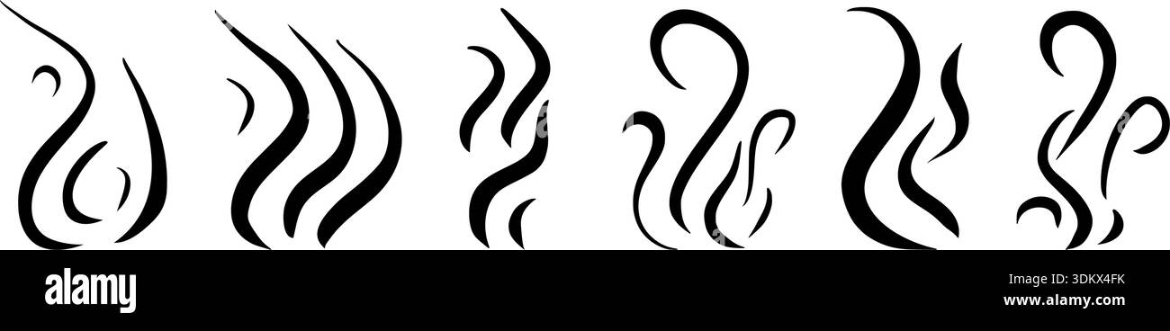 Handgezeichnete naive Dampf- und Rauchsymbole mit wirbelnden Dämpfen, Hitzewellen und Duftlinien, ideal für Design und Zeichentrickgrafiken für Kinder. Vektor cof Stock Vektor
