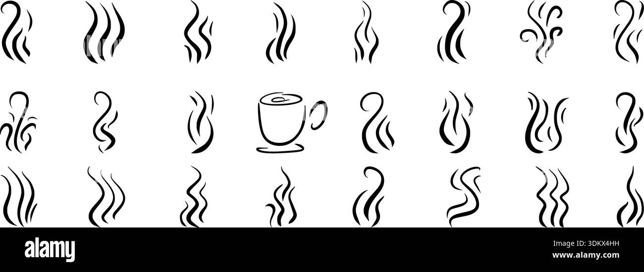 Heißer Dampf, der aus dem Kritzelset der Kaffeetasse steigt. Aromawellen und Rauchlinien minimalistisch. Ungleichmäßiges Element für Markenkonzepte für Lebensmittel und Getränke. Vektor f Stock Vektor