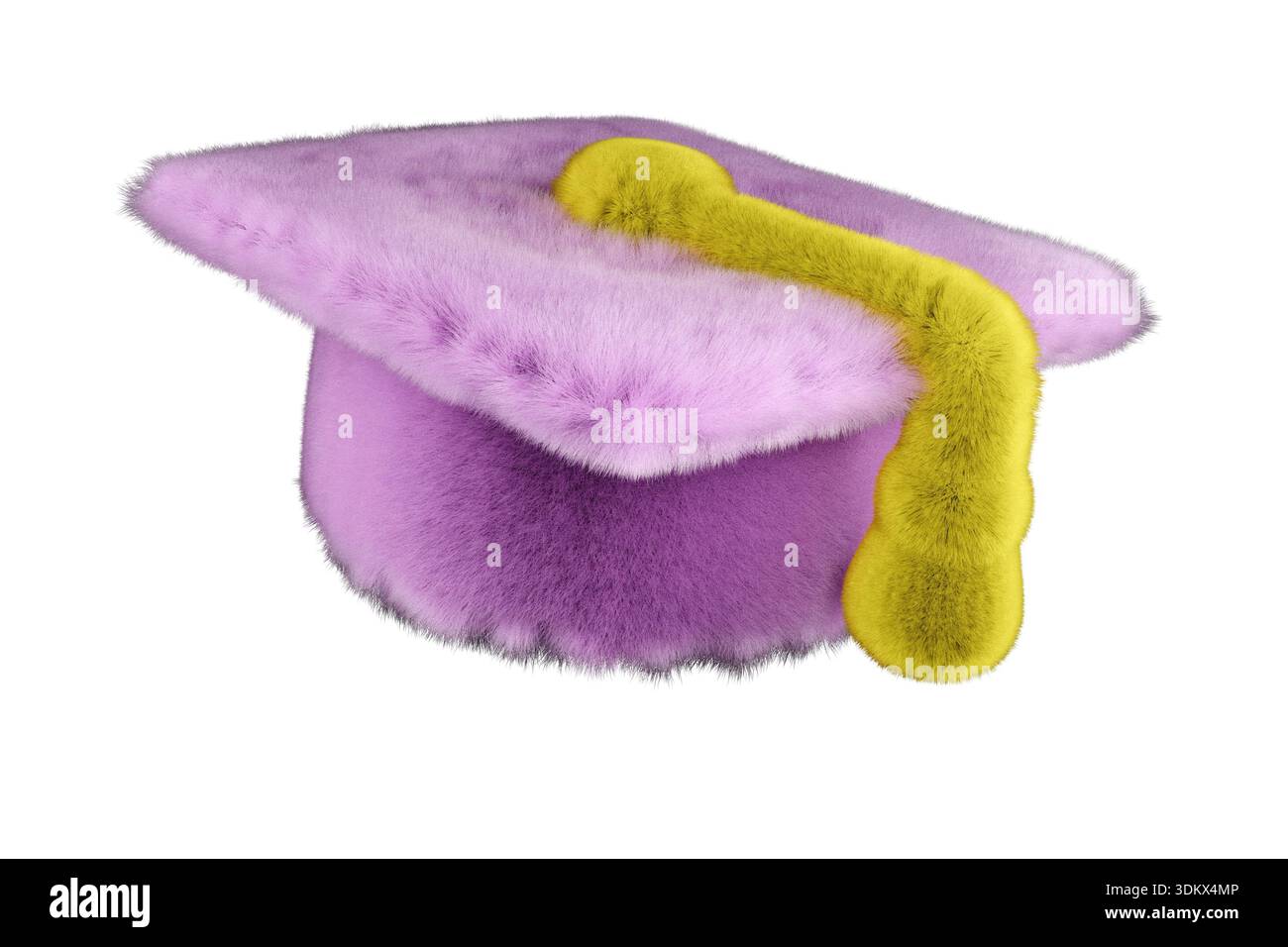 Violette Graduierungskappe mit gelber Quaste für Abschluss und akademischen Erfolg. 3D-Rendering Stockfoto