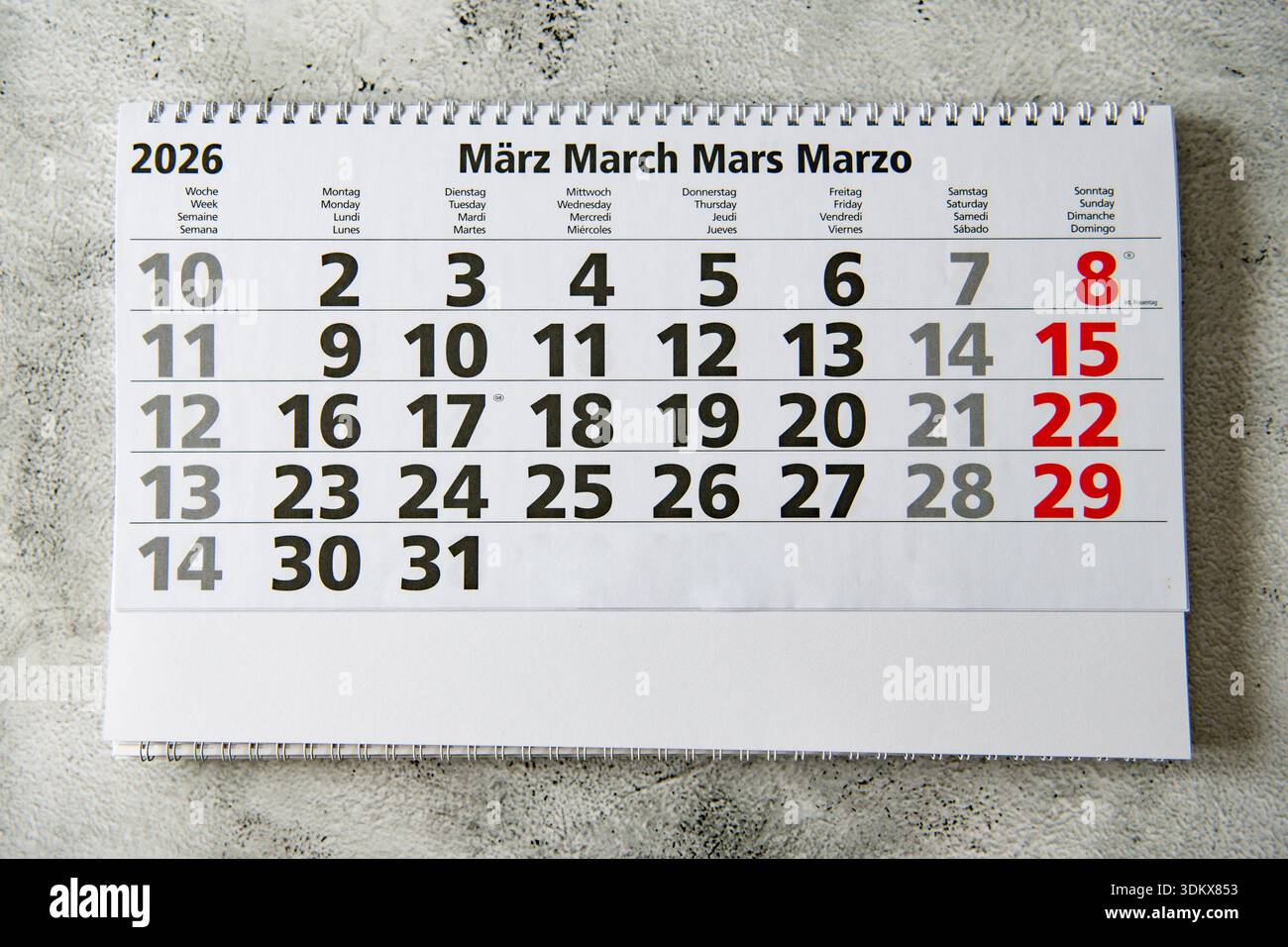 Kalenderplaner für den Monat märz 2026 Stockfoto