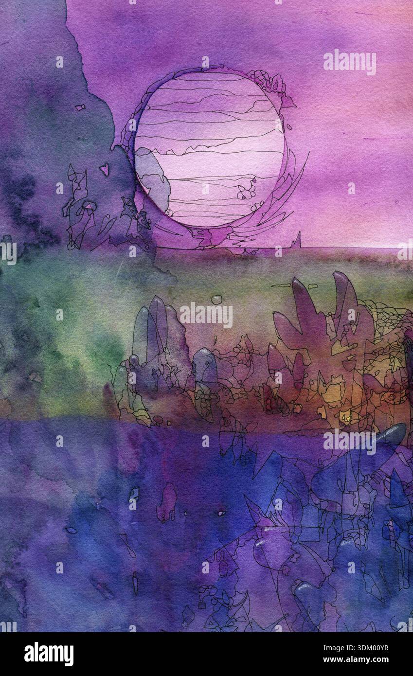 Abstrakt gemalt Original Aquarell und Tinte Stift Hintergrund Textur - Sonnenlandschaft Stockfoto