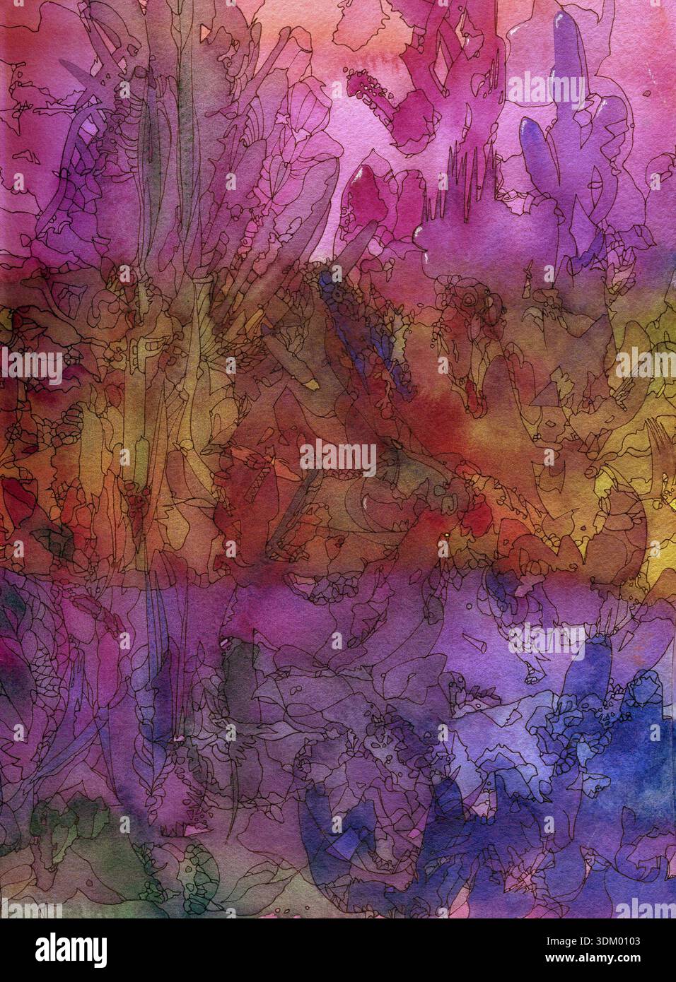 Abstrakt gemaltes Original Aquarell und Tinte Stift Hintergrund Textur Stockfoto