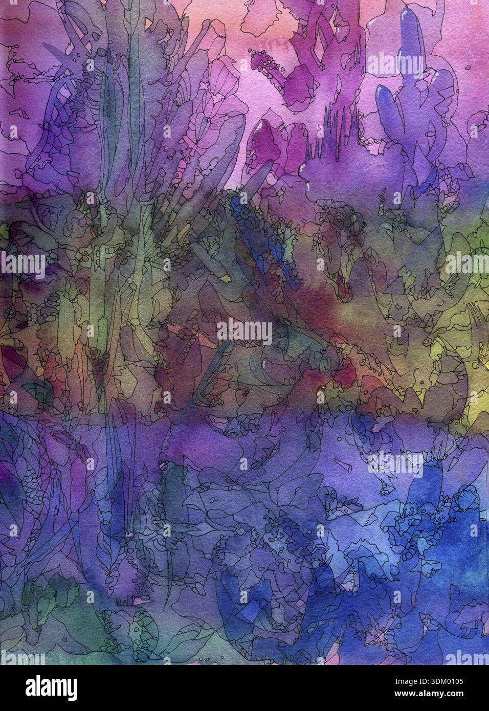 Abstrakt gemaltes Original Aquarell und Tinte Stift Hintergrund Textur in drei Feldern - Rosa, Gelb und Blau Stockfoto