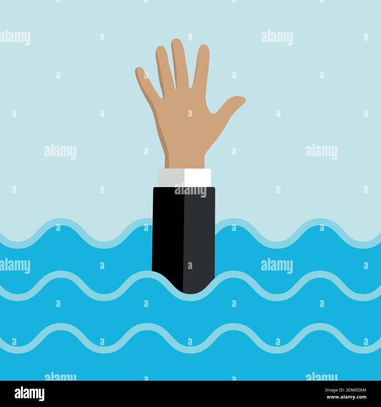 Illustration eines ertrinkenden Geschäftsmannes Hand im Wasser, der dem Unternehmen hilft, das Rettungskonzept horizontal zu überleben Stock Vektor