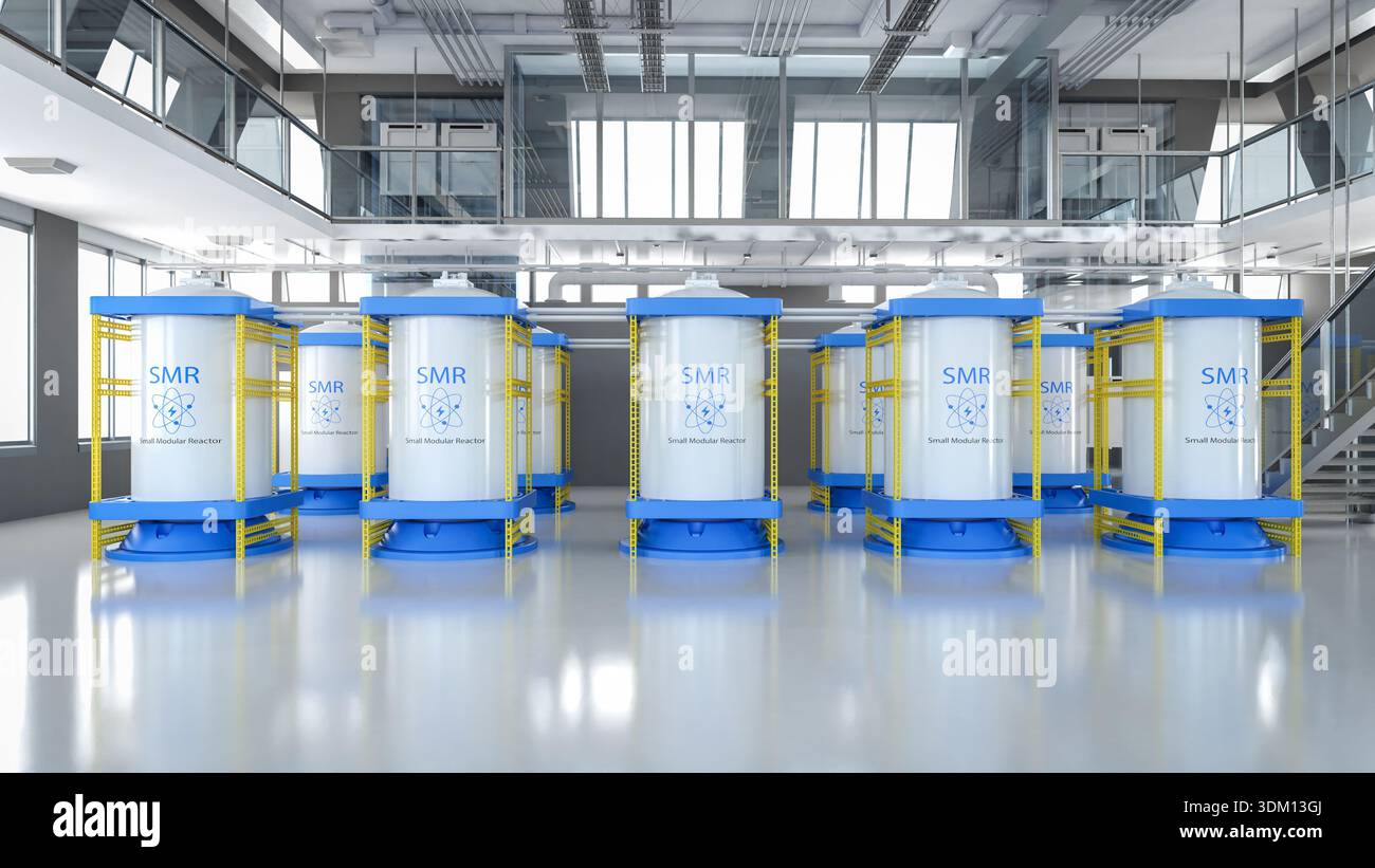 3D-Rendering-Gruppe von smr oder kleinen modularen Kernreaktoren im Werk Stockfoto