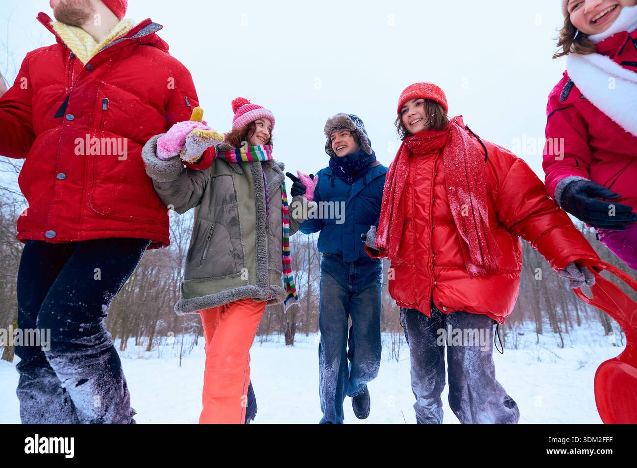 Freunde, die zusammen durch den verschneiten Park laufen, lächeln und reden. Stockfoto