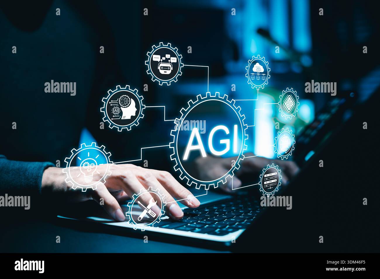 Künstliches allgemeines Intelligenzkonzept. AGI-System, das mit mehreren Technologien verbunden ist, symbolisiert fortschrittliche KI-Automatisierung, maschinelles Lernen, Stockfoto