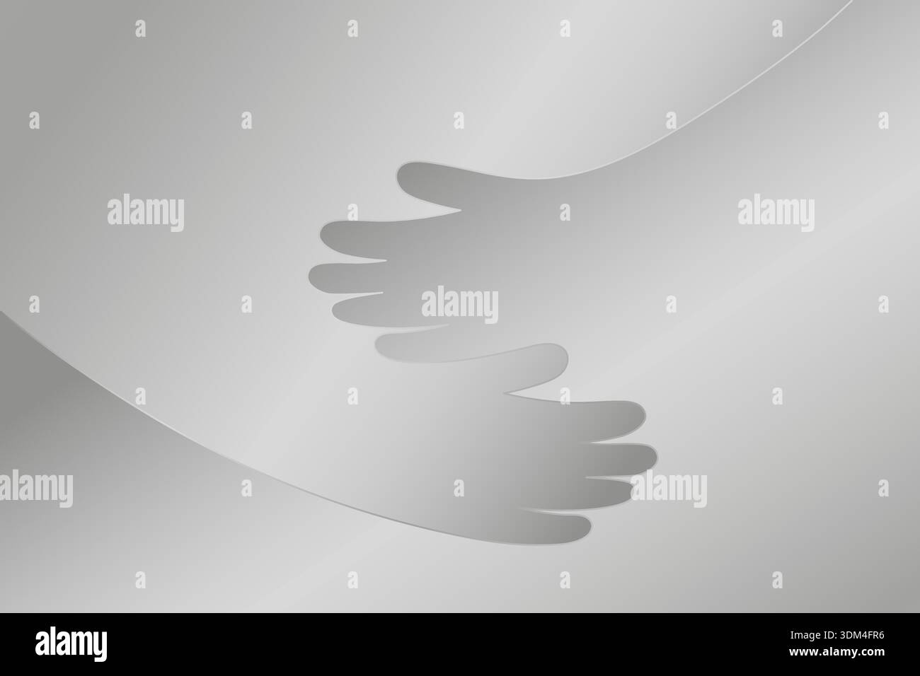 Abstrakter Hintergrund aus Silber platina mit weichen, sich umschließenden Handformen, minimales metallisches Umarmungskonzept für Pflege, Unterstützung, Einheit, Mitgefühl, Wohltätigkeit, psychische Gesundheit, Freundschaftsvektor-Illustration Stock Vektor