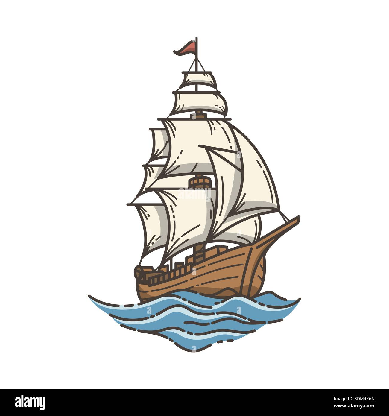 Ein illustriertes altes Segelschiff mit vollen Segeln fährt ruhig auf stilisierten blauen Meereswellen, perfekt für maritime oder abenteuerliche Themen Stock Vektor