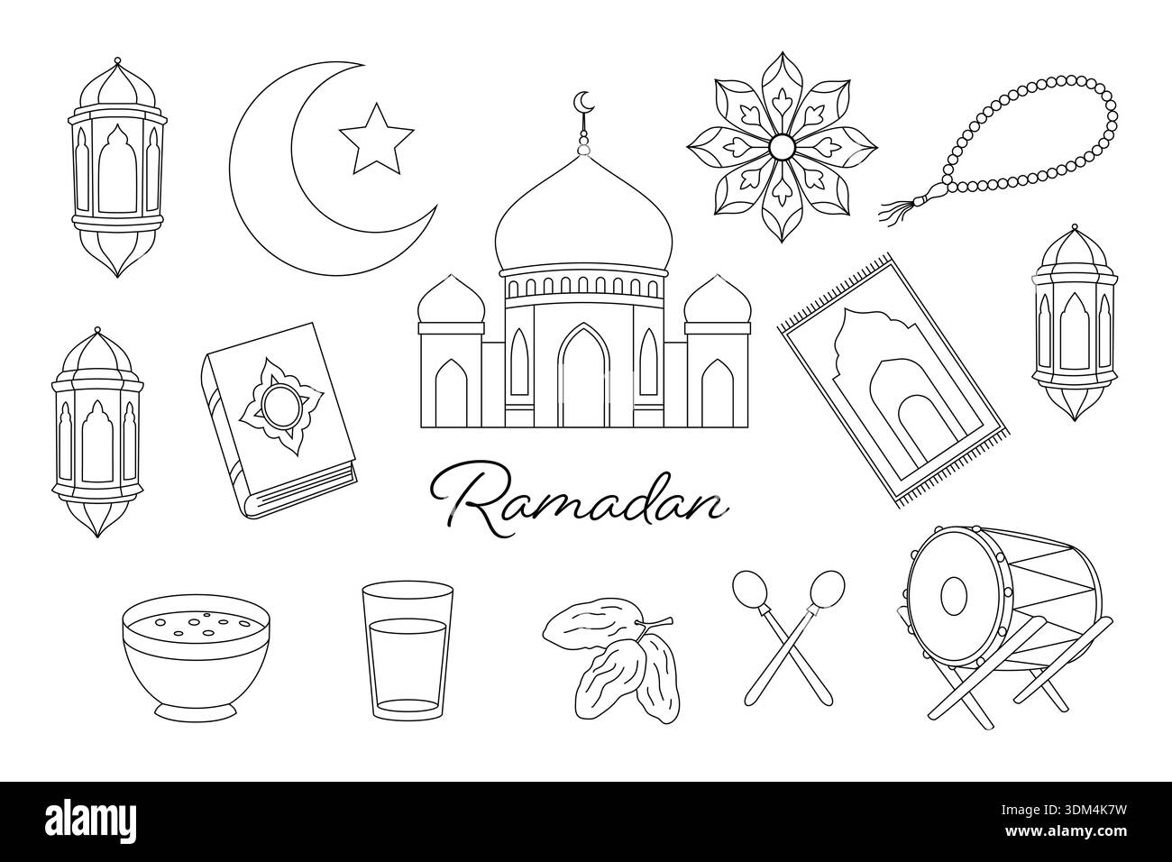 Set aus verschiedenen Schwarzweiß-Linien-Kunst-Ikonen, die verschiedene Elemente darstellen, die mit dem islamischen heiligen Monat Ramadan in Verbindung stehen, einschließlich einer Moschee und einer Laterne Stock Vektor