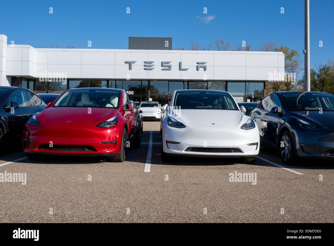 Maplewood, Minnesota. Tesla-Händlerbetrieb mit den neuen Modellen, die auf dem Los angezeigt werden. Stockfoto