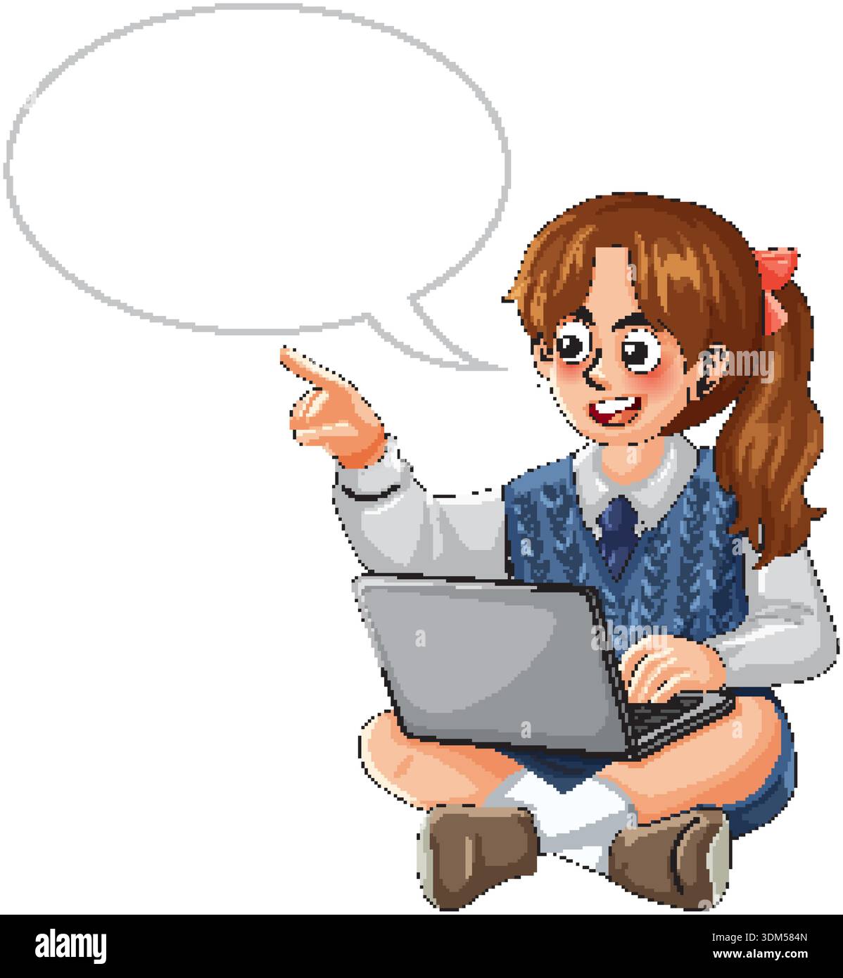 Der Schüler sitzt im Querschenkel und zeigt mit dem Laptop auf eine leere Sprechblase zum Kopieren Stock Vektor