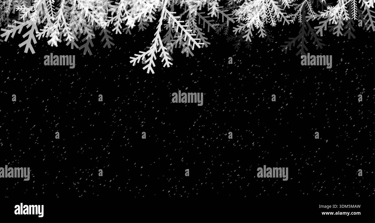 Umrahmt überhängende stilisierte Tannenzweige, die bei Nacht dekorative Oberkante bilden, mit fallendem Schnee Stockfoto