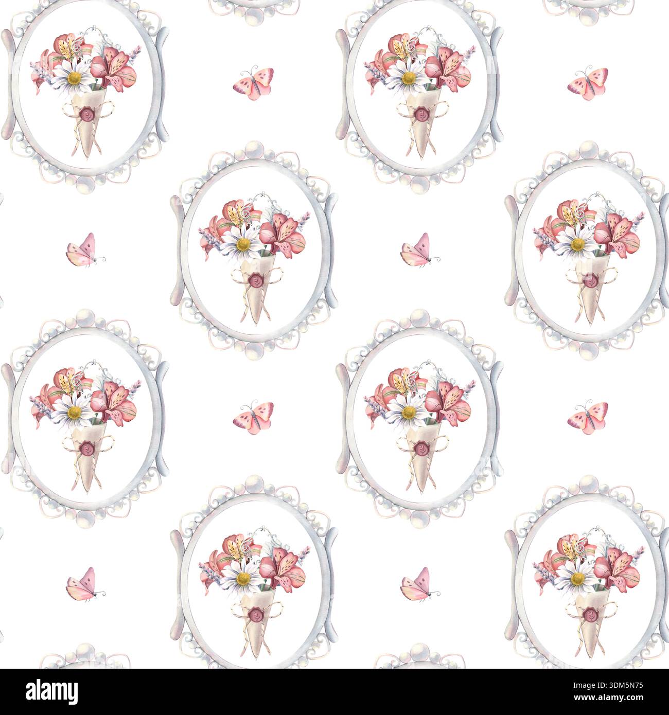 Nahtloses Muster, Vintage-Rahmen, Chrysantheme, Alstroemeria, Schmetterlinge. Handgemalte Aquarellillustration isoliert auf weiß für Textilien Stockfoto